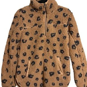 Abercrombie & Fitch Tan Leopard Print Sherpa Half-Zip Teddy Jacket - XS